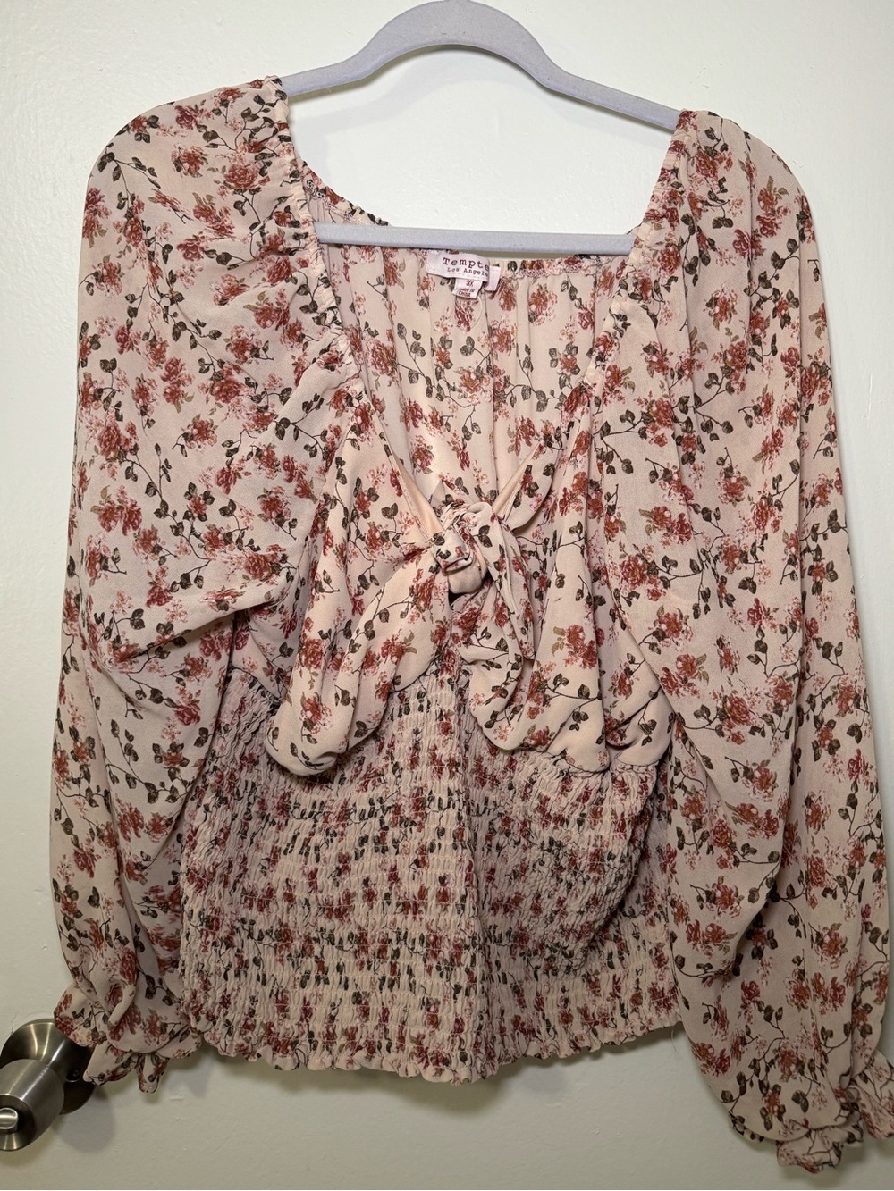 Tempted Cream Floral Tie-Front Blouse with Rust Accents
